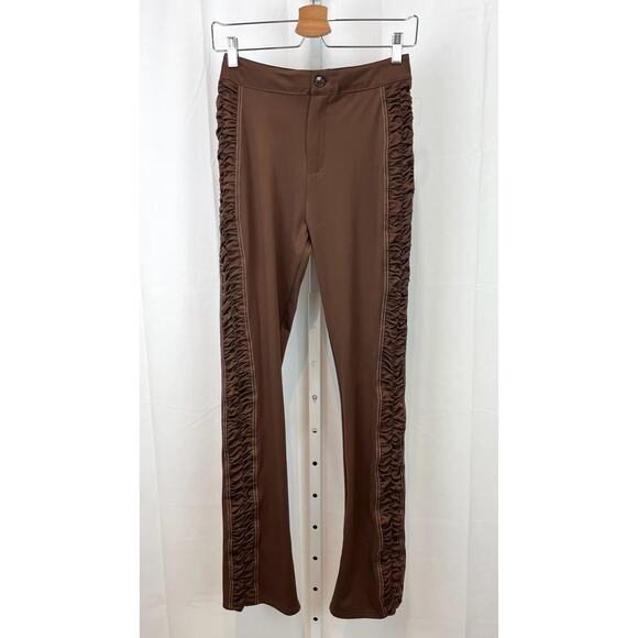 NWOT MANIERE DE VOIR Size 8 Ruched Side Zip Ankle High Waist Pants Stretch Brown - Picture 1 of 9